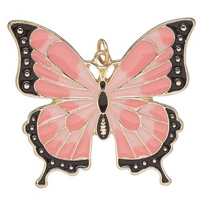 Focal, gold-finished brass and enamel, gold / pink / black, 40.5x36.5mm single-sided butterfly with jump ring. Sold individually.
