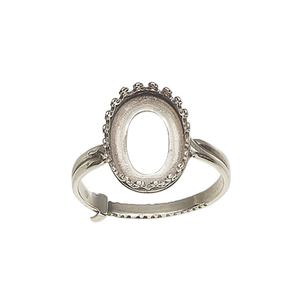 Ring, JBB Findings, antiqued sterling silver, 16mm wide with decorative trim and 14x10mm oval bezel setting, adjustable from size 8-11. Sold individually. image number 0