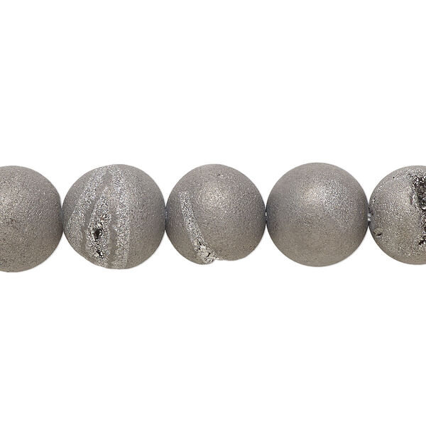 Bead, druzy agate (coated), opaque grey, 10mm hand-cut round, Mohs hardness 6-1/2 to 7. Sold per 8-inch strand, approximately 20 beads. image number 0
