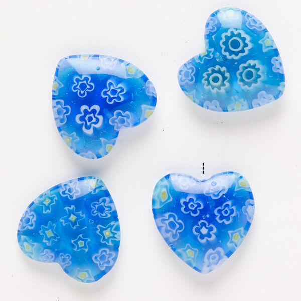 Bead, millefiori glass, pkg/4, translucent blue/yellow/white, 18-20mm half-drilled puffed heart. image number 0