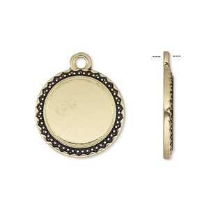 Drop, antique gold-finished "pewter" (zinc-based alloy), 19mm round with beaded and triangle edge with 14mm round setting. Sold per pkg of 6.