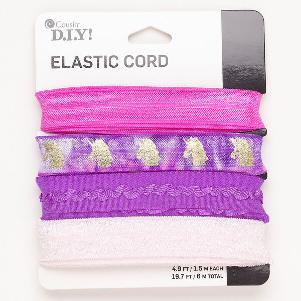 Cord assortment, elastic, pkg/(4) 1.5m lengths, 15mm, pink / purple / gold. image number 0