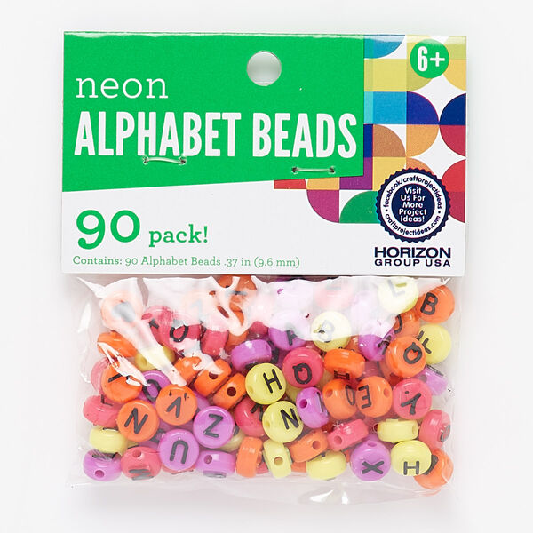 Bead mix, plastic, opaque mixed neon colors, 10mm double-sided flat round with alphabet letters and heart. Sold per pkg of 90. image number 0