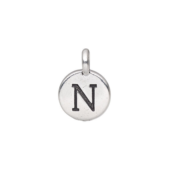Drop, TierraCast®, antique silver-plated pewter (tin-based alloy), 11.5mm single-sided round with textured alphabet letter "N." Sold per pkg of 2. image number 0