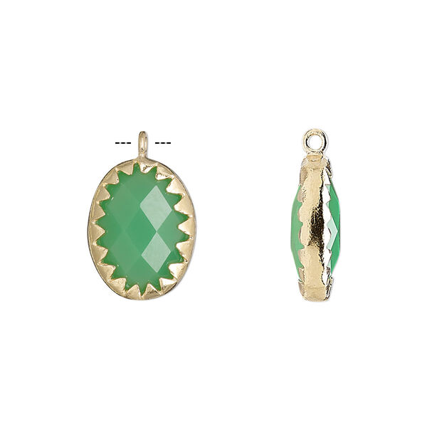 Drop, chalcedony (dyed) and gold-finished sterling silver, sea green, 15x11mm double-sided faceted oval. Sold individually. image number 0