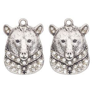 Charm, antique silver-finished "pewter" (zinc-based alloy) and glass, clear and black, 24x19mm single-sided bear head. Sold per pkg of 2.