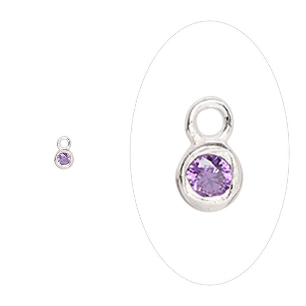 Drop, sterling silver and cubic zirconia, February amethyst, 2.5mm single-sided birthstone round. Sold per pkg of 2. image number 0