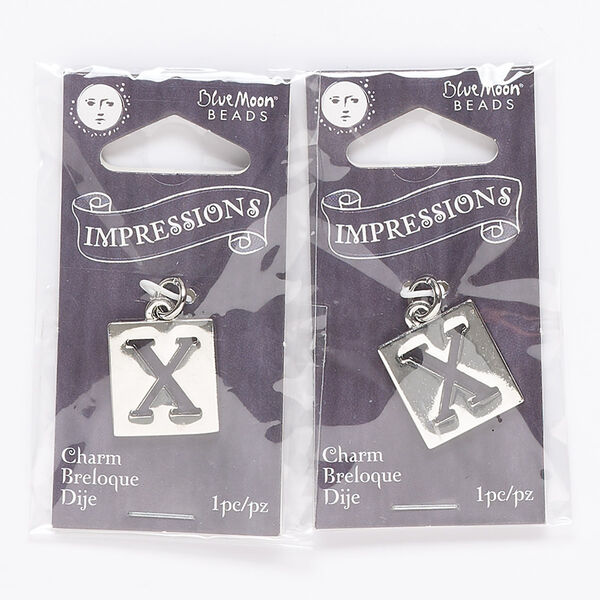 Drop, silver-finished "pewter" (zinc-based alloy) and steel, 16x15mm square with cutout alphabet letter "X." Sold per pkg of 2. image number 0