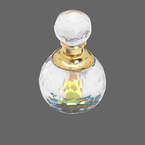 Perfume bottle, glass with gold- or silver-finished brass, clear with AB top/bottom, 2-1/4x2-inches. Sold individually.