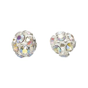 Bead, Egyptian crystal rhinestone and imitation rhodium-plated brass, clear AB, 10mm round. Sold per pkg of 6.