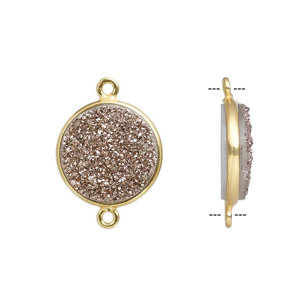 Link, titanium- / electro-coated druzy agate (coated) / gold-finished sterling silver, rose gold, 15mm hand-cut single-sided flat round. Sold individually. image number 0