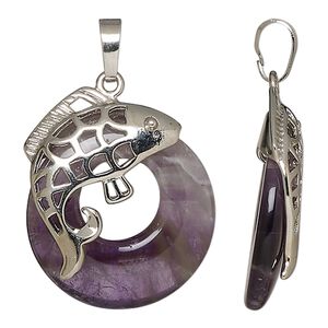 Amethyst / brass 1pkg1, imitation rhodium-plated fancy go-go / fish pendant natural 32x28mm-34.5x28.5mm