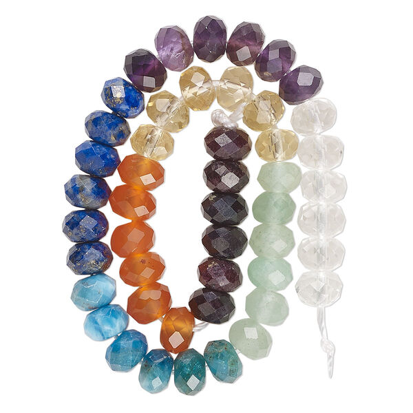 Bead, multi-gemstone (natural/dyed/heated), 6x4mm faceted rondelle, C grade, Mohs hardness 5 to 7-1/2. Sold per 8-inch strand, approximately 45 beads. image number 0