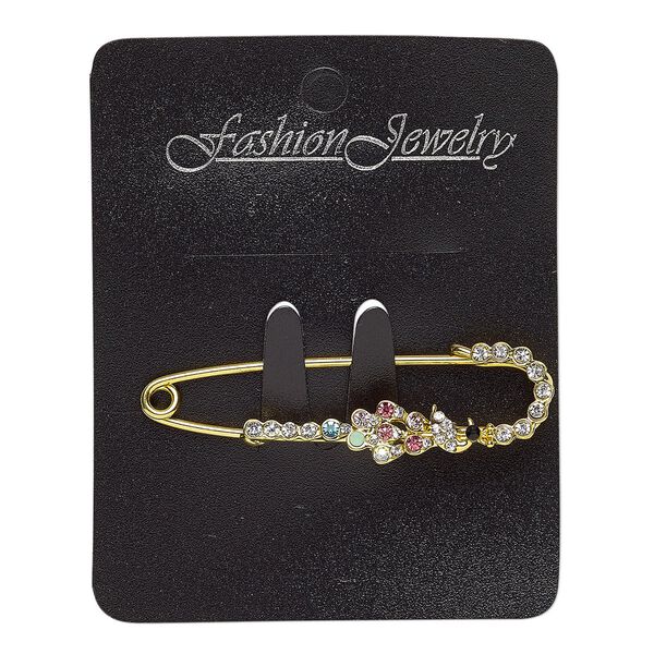 Brooch, glass rhinestone with gold-finished steel and "pewter" (zinc-based alloy), multicolored, 54x16mm safety pin with peacock. Sold individually. image number 0