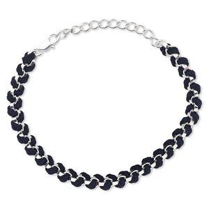 Bracelet, imitation leather with silver-finished brass and steel, black, 7mm wide, 7 inches with 2-inch extender chain and lobster claw clasp. Sold individually.