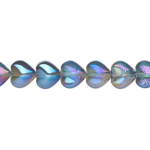 Bead, pressed glass, half-coated metallic blue and vitrail , opaque multicolored, 8mm heart. Sold per 15-1/2" to 16" strand. image number 0