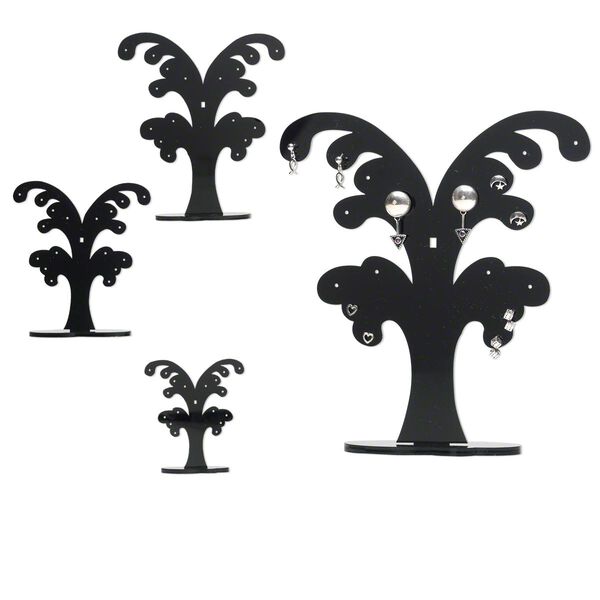 Display, earring, acrylic, black, (1) 6 x 1-1/2 x 4-inch, (1) 4-3/4 x 1-1/8 x 3-1/8 inch and (1) 3-1/2 x 1 x 2-5/16 inch tree. Sold per set of 3. image number 0