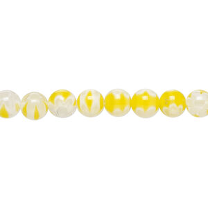 Bead, millefiori glass 1pkg1, translucent yellow / white / clear, 6mm round, 15 inches.