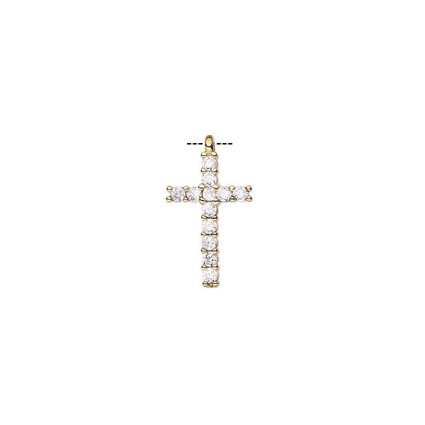 Drop, cubic zirconia and gold-finished brass, clear, 14x9mm single-sided cross. Sold individually. image number 0