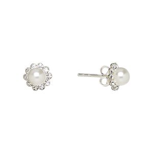 Earstud, Create Compliments®, glass pearl / crystal / sterling silver, clear and white, 8mm flower. Sold per pair.