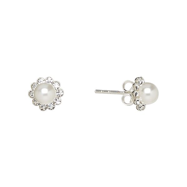 Earstud, Create Compliments®, glass pearl / crystal / sterling silver, clear and white, 8mm flower. Sold per pair. image number 0