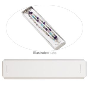 Box insert, paper / elastic nylon / silver-finished iron alloy, white and silver, 7-3/4 x 1-7/8 x 2/5 inch rectangle bracelet card. Sold per pkg of 10.