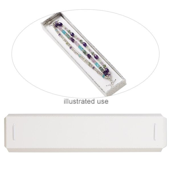 Box insert, paper / elastic nylon / silver-finished iron alloy, white and silver, 7-3/4 x 1-7/8 x 2/5 inch rectangle bracelet card. Sold per pkg of 10. image number 0