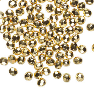 Bead, Czech fire-polished glass 1pkg1200, opaque 14Kt gold-plated clear, 4mm faceted round.