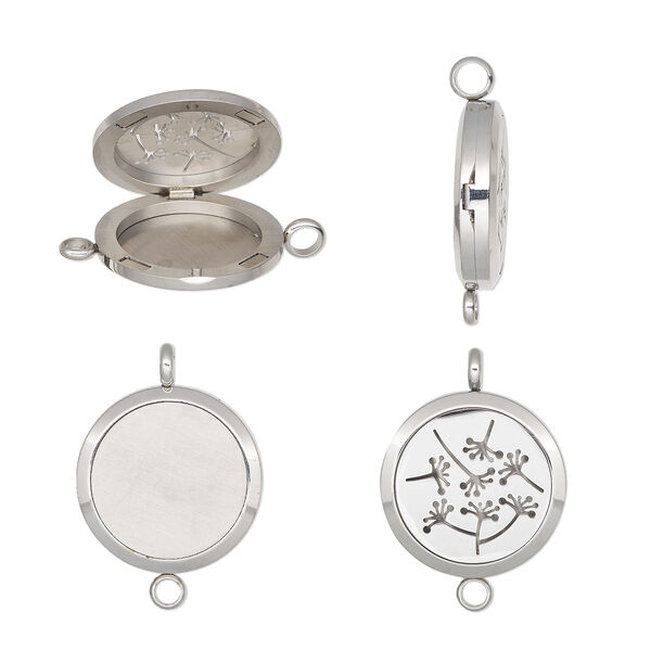 Pendant, stainless steel, 37x30mm single-sided hinged round locket with cutout dandelion design and magnetic closure with loop. Sold individually. image number 0