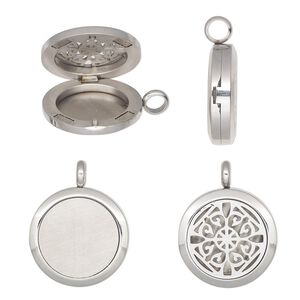 Pendant, stainless steel, pkg/1, 32x25mm single-sided hinged round locket, cutout fancy flower design and magnetic closure