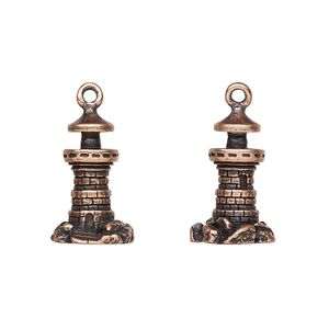 Charm, antique copper-plated pewter (tin-based alloy), 18x11mm 3D lighthouse. Sold per pkg of 2.