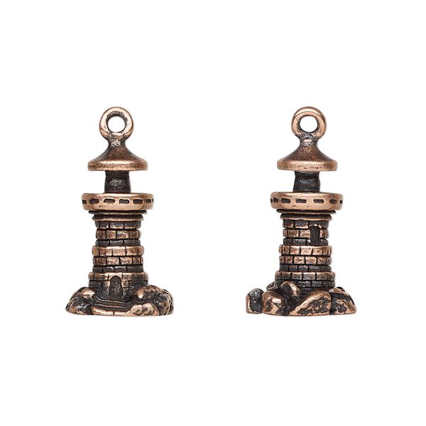 Charm, antique copper-plated pewter (tin-based alloy), 18x11mm 3D lighthouse. Sold per pkg of 2. image number 0