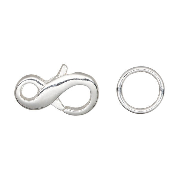 Clasp, lobster claw, silver-plated brass, 21x11mm infinity with (4) 12mm closed jump ring. Sold per pkg of 4. image number 0