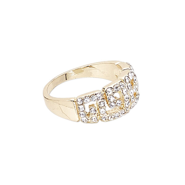 Ring, Egyptian glass rhinestone and gold-finished "pewter" (zinc-based alloy), clear, 9mm wide with Greek key design, size 8. Sold individually. image number 0