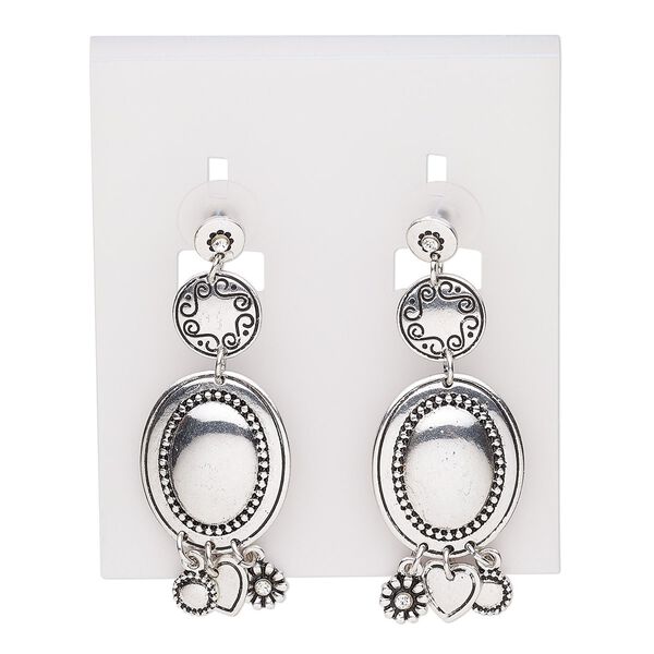 Earring, glass rhinestone / stainless steel / antique silver-plated "pewter" (zinc-based alloy), clear, 2-1/4 inches with round and dangles with post. Sold per pair. image number 0