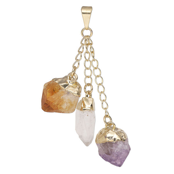Pendant, Everyday Jewelry, gold-plated brass and multi-gemstone (natural/heated), (3) 49-51mm dangling points. Sold individually. image number 0