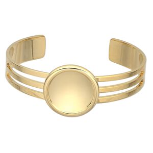 Bracelet, Almost Instant Jewelry®, cuff, gold-plated brass and "pewter" (zinc-based alloy), 64x25mm with 20mm round setting, adjustable. Sold individually.