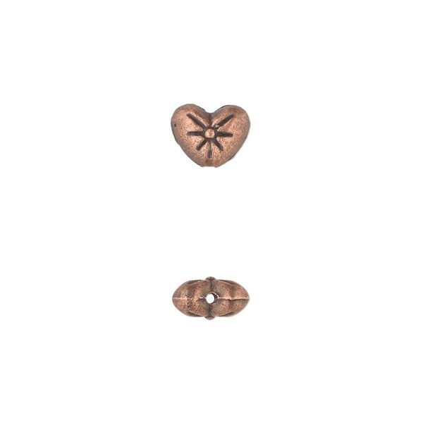 Bead, antique copper-plated "pewter" (zinc-based alloy), 8x6mm double-sided heart with flower design. Sold per pkg of 50. image number 0