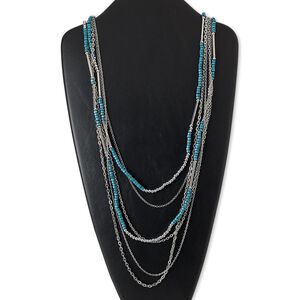 Necklace, painted wood / silver-coated plastic / imitation rhodium-plated steel / brass, blue, flat round, 32 inches with 2-inch extender chain and lobster claw clasp. Sold individually.