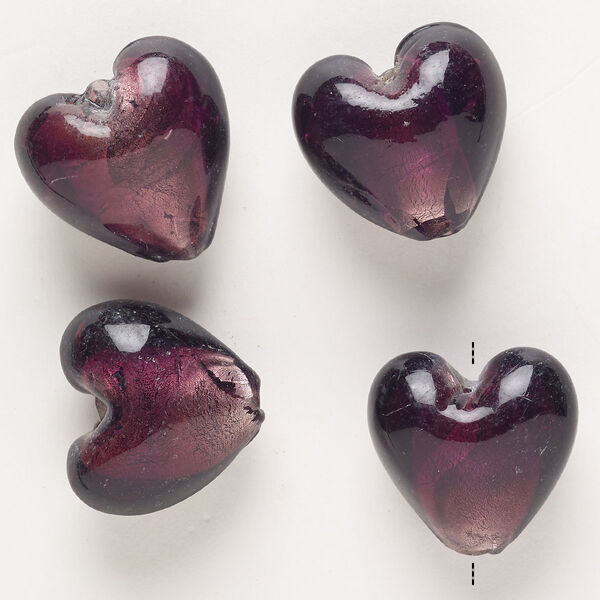 Bead, lampworked glass, pkg/4, opaque and translucent dark purple with silver-colored foil, 25-28mm puffed heart. image number 0