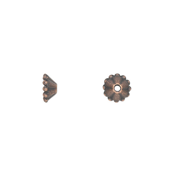 Bead cap, antique copper-plated "pewter" (zinc-based alloy), 7x3mm cone, fits 6-10mm bead. Sold per pkg of 100. image number 0