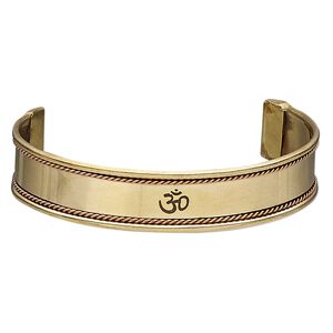 Bracelet, cuff, antiqued copper and brass, 16mm wide with twisted wire and etched Om symbol, 8 inches. Sold individually.