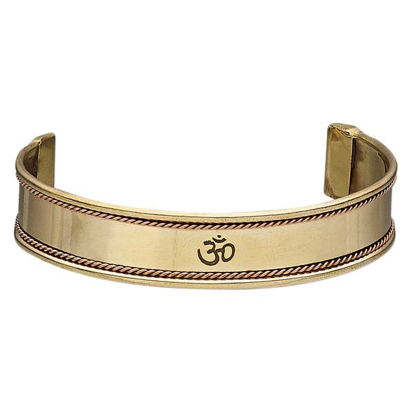 Bracelet, cuff, antiqued copper and brass, 16mm wide with twisted wire and etched Om symbol, 8 inches. Sold individually. image number 0