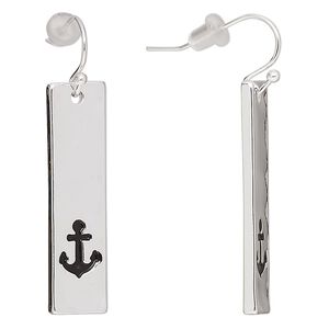 Earring, antique silver-finished "pewter" (zinc-based alloy), 40mm fishhook with 33.5x9mm rectangle with anchor design, 21 gauge. Sold per pair.