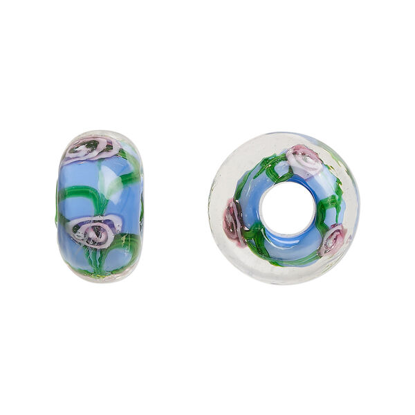 Bead, lampworked glass, opaque medium blue and multicolored, 16x9mm rondelle with rose. Sold per pkg of 4. image number 0
