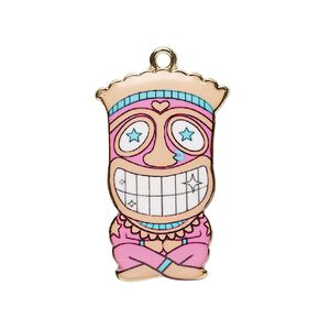 Focal, resin and gold-finished "pewter" (zinc-based alloy), peach / blue / pink, 31x19.5mm single-sided tiki. Sold individually.