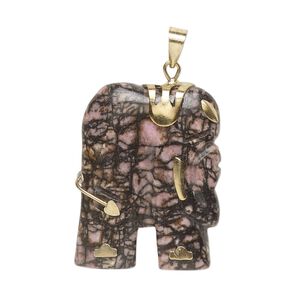 Rhodonite / "pewter" (zinc-based alloy) 1pkg1, gold-finished elephant pendant natural 28x23mm-30x25mm