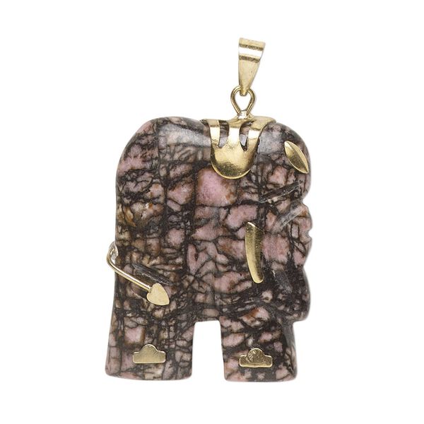 Rhodonite / "pewter" (zinc-based alloy) 1pkg1, gold-finished elephant pendant natural 28x23mm-30x25mm image number 0