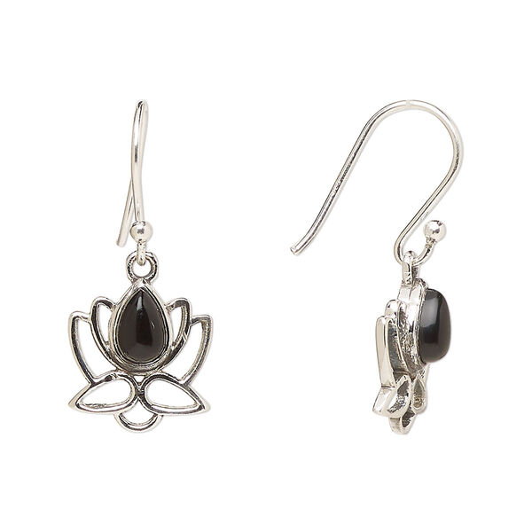 Ear wire, Create Compliments®, antiqued sterling silver and black onyx (dyed), fishhook, 26.5mm with 12mm single-sided open lotus, 21 gauge. Sold per pair. image number 0