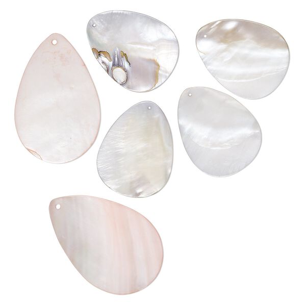 Focal, mother-of-pearl shell (dyed), assorted light pink and light grey, 55x39mm-60x39mm flat teardrop, Mohs hardness 3-1/2. Sold per pkg of 6. image number 0